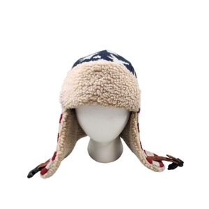 Fleece-Lined Trapper Hat in Navy and Cream American Flag Patriotic Knit OS Adult